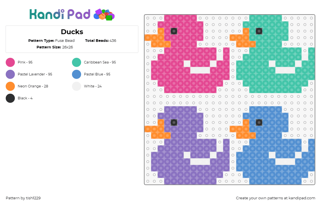 Ducks - Fuse Bead Pattern by tish1229 on Kandi Pad - duck,animal,quartet,colorful,joy,simplicity,playful,pink,green,blue,purple