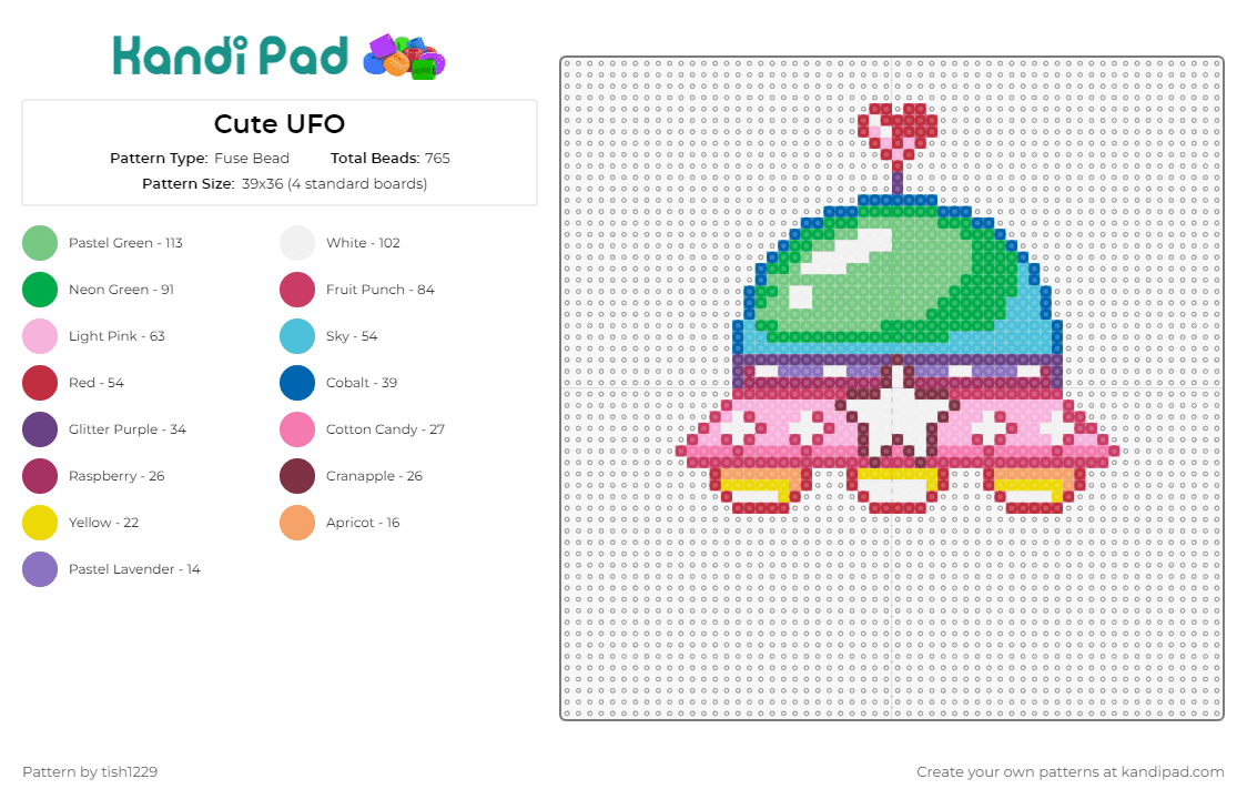 Cute UFO - Fuse Bead Pattern by tish1229 on Kandi Pad - ufo,flying saucer,alien,colorful,cute,space,extraterrestrial,star,pink,green,teal