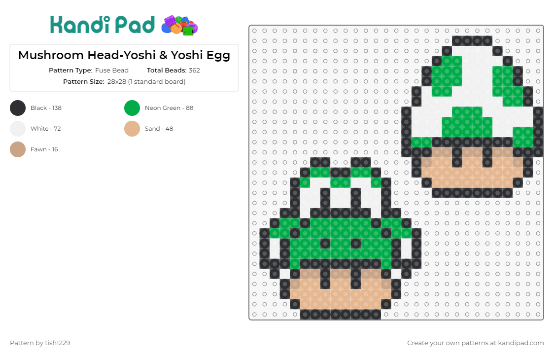 Mushroom Head-Yoshi & Yoshi Egg - Fuse Bead Pattern by tish1229 on Kandi Pad - yoshi,mario,egg,mushroom,video game,nintendo,green,white,tan