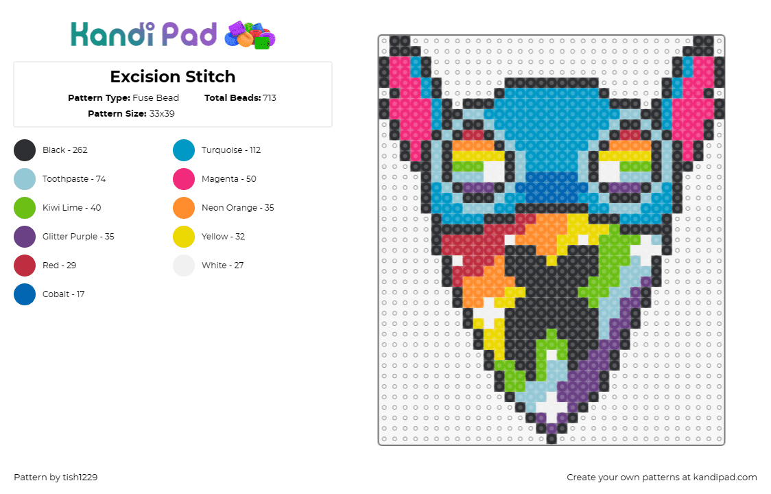 Excision Stitch - Fuse Bead Pattern by tish1229 on Kandi Pad - stitch,excision,bandana,trippy,rainbow,masked,character,disney,festival,rave,col