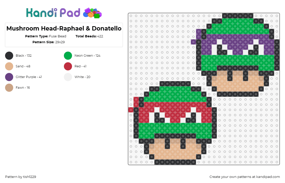 Mushroom Head-Raphael & Donatello - Fuse Bead Pattern by tish1229 on Kandi Pad - tmnt,teenage mutant ninja turtles,mario,mushroom,nintendo,raphael,donatello,green,red,purple