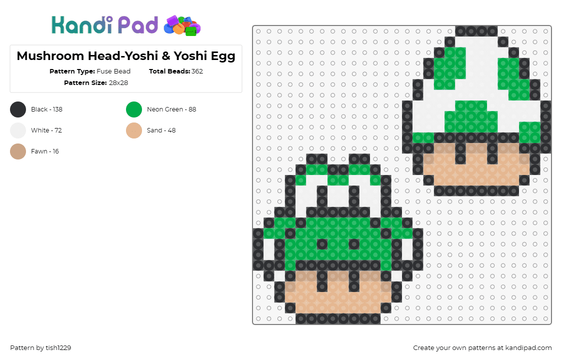 Mushroom Head-Yoshi & Yoshi Egg - Fuse Bead Pattern by tish1229 on Kandi Pad - yoshi,mario,egg,mushroom,video game,nintendo,green,white,tan