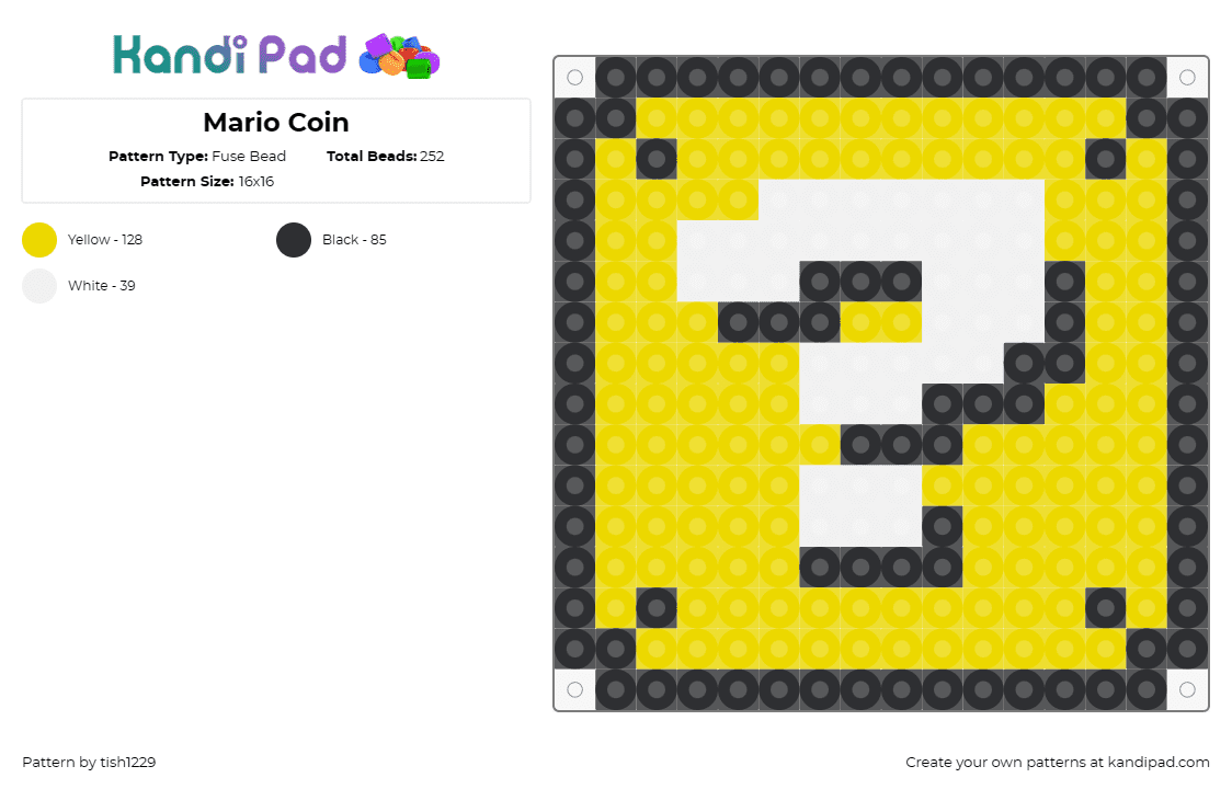 Mario Coin - Fuse Bead Pattern by tish1229 on Kandi Pad - mario,coin block,question mark,nintendo,video game,yellow,white