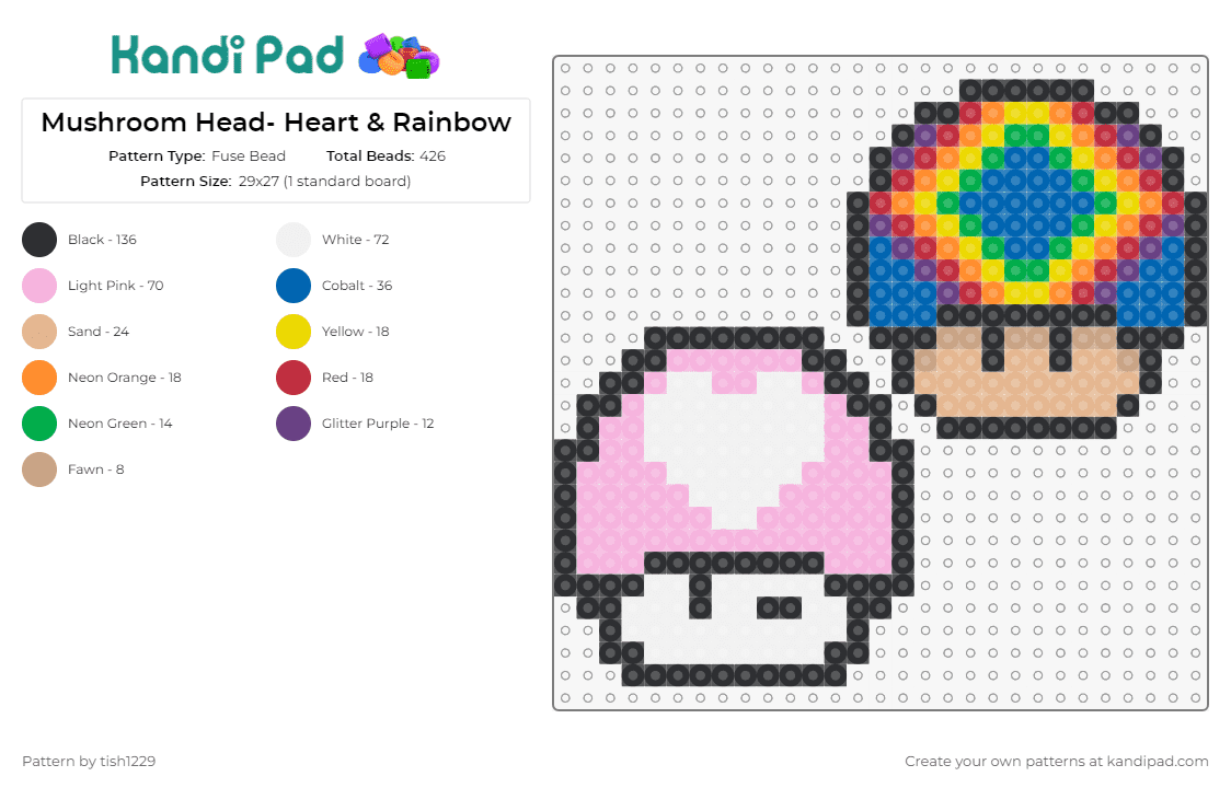 Mushroom Head- Heart & Rainbow - Fuse Bead Pattern by tish1229 on Kandi Pad - mario,mushroom,heart,colorful,nintendo,video game,pink,white,blue