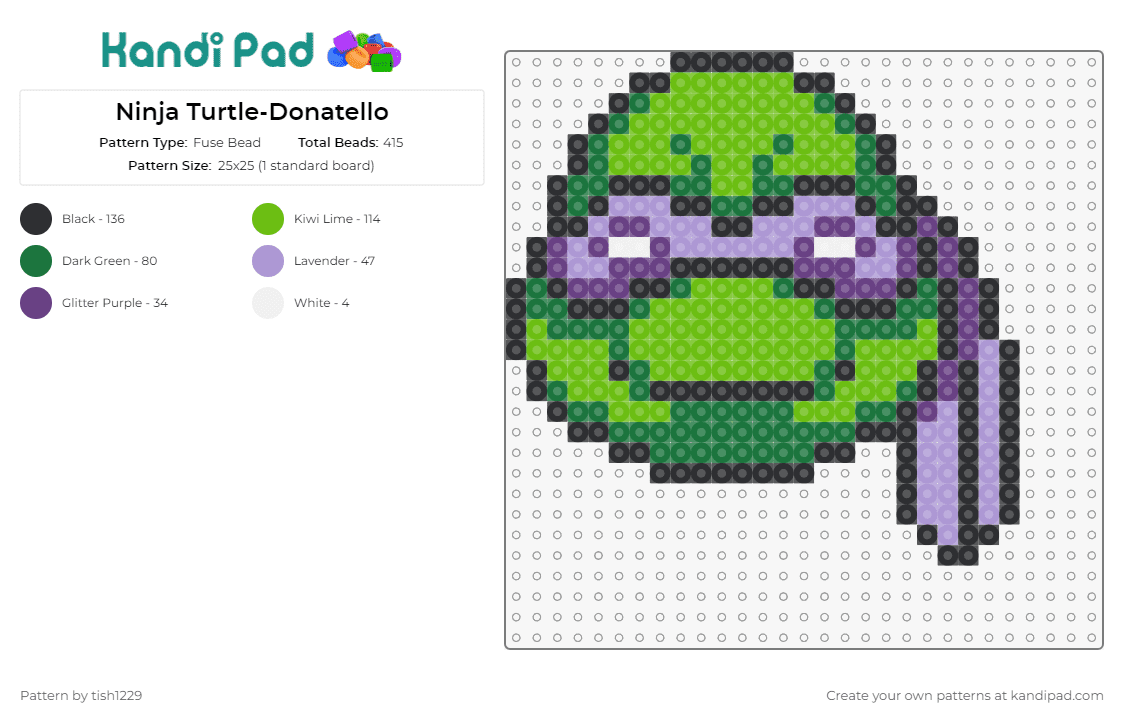Ninja Turtle-Donatello - Fuse Bead Pattern by tish1229 on Kandi Pad - donatello,tmnt,teenage mutant ninja turtles,character,karate,cartoon,tv show,animation,green,purple