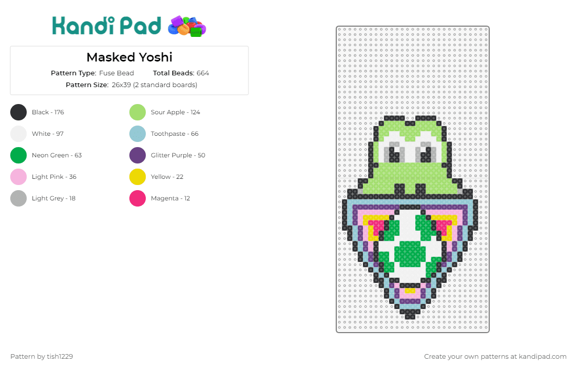Masked Yoshi - Fuse Bead Pattern by tish1229 on Kandi Pad - yoshi,mario,egg,nintendo,mask,playful,rave,dinosaur,green
