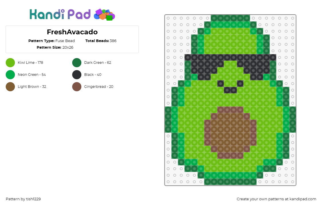 FreshAvacado - Fuse Bead Pattern by tish1229 on Kandi Pad - avocado,cool,fruit,vegetable,food,sunglasses,green,brown,black