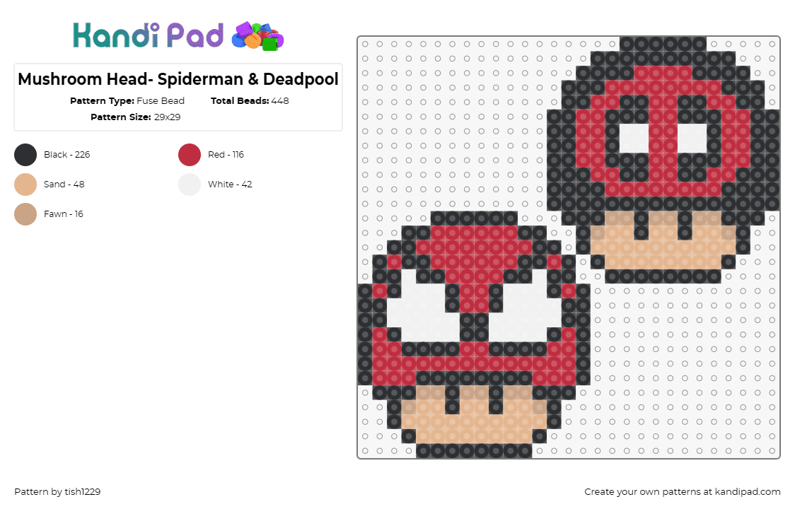 Mushroom Head- Spiderman & Deadpool - Fuse Bead Pattern by tish1229 on Kandi Pad - spiderman,deadpool,mario,video game,marvel,nintendo,mushroom,hero,red,tan