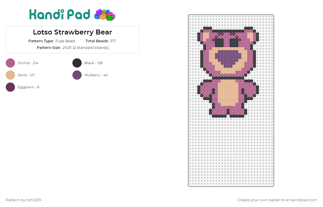 Lotso Strawberry Bear - Fuse Bead Pattern by tish1229 on Kandi Pad - lotso,teddy bear,toy story,cartoon,movie