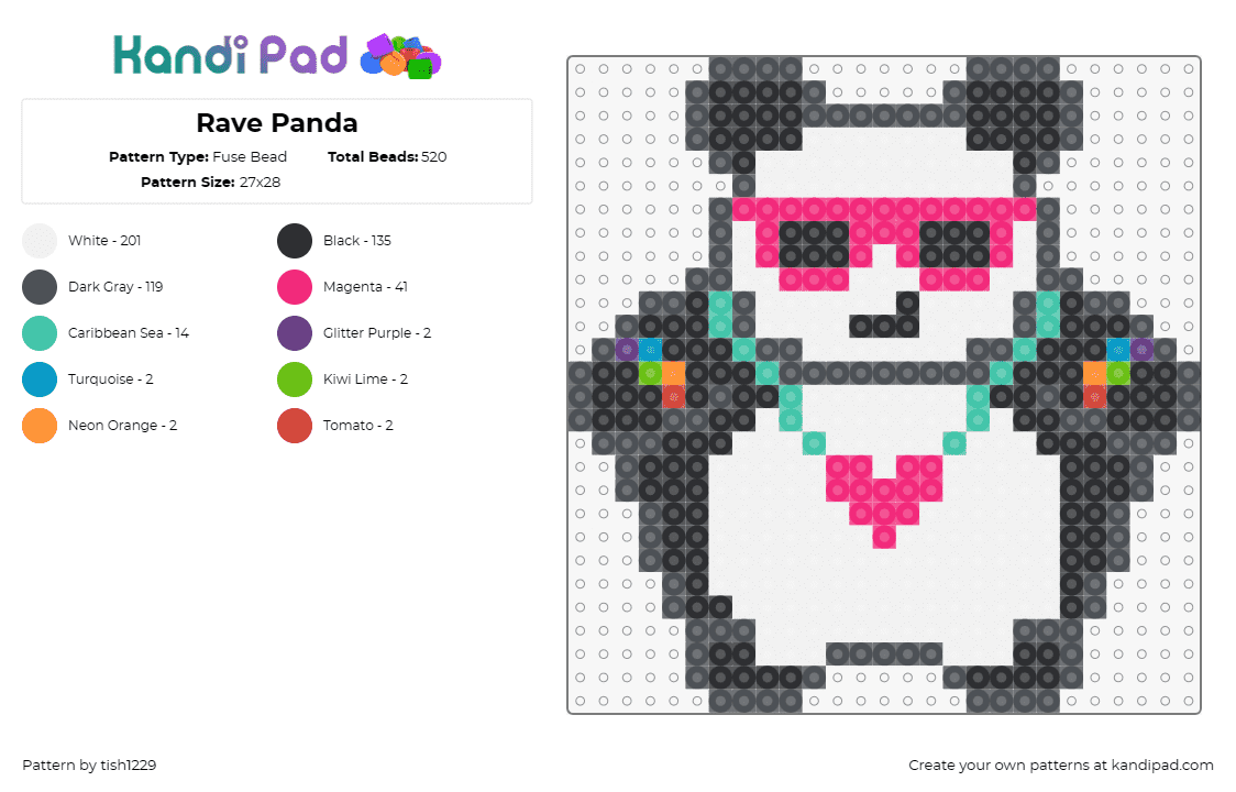 Rave Panda - Fuse Bead Pattern by tish1229 on Kandi Pad - panda,rave,cool,animal,music,edm,festival,plur,white,black,pink