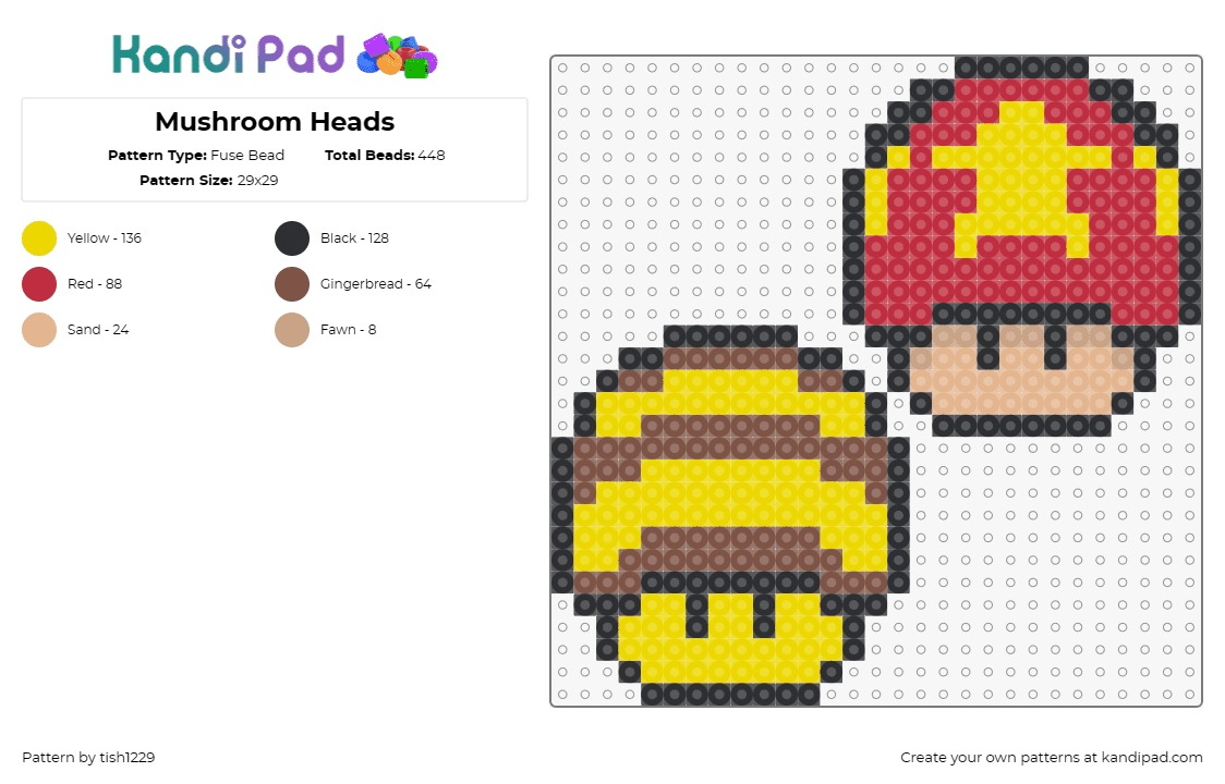 Mushroom Heads - Fuse Bead Pattern by tish1229 on Kandi Pad - bumble bee,mario,nintendo,mushroom,video game,yellow,red,brown