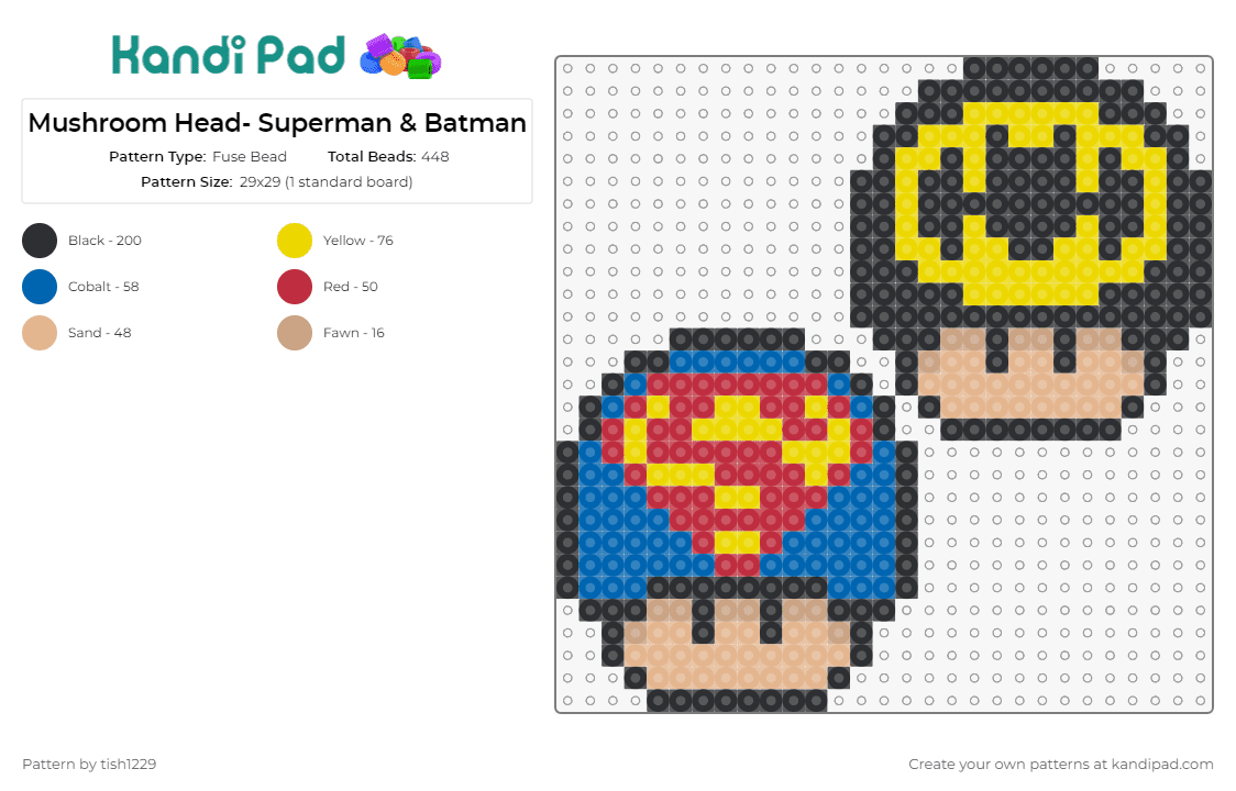Mushroom Head- Superman & Batman - Fuse Bead Pattern by tish1229 on Kandi Pad - superman,batman,mario,nintendo,marvel,dc comics,mushroom,hero,blue,black,yellow,tan