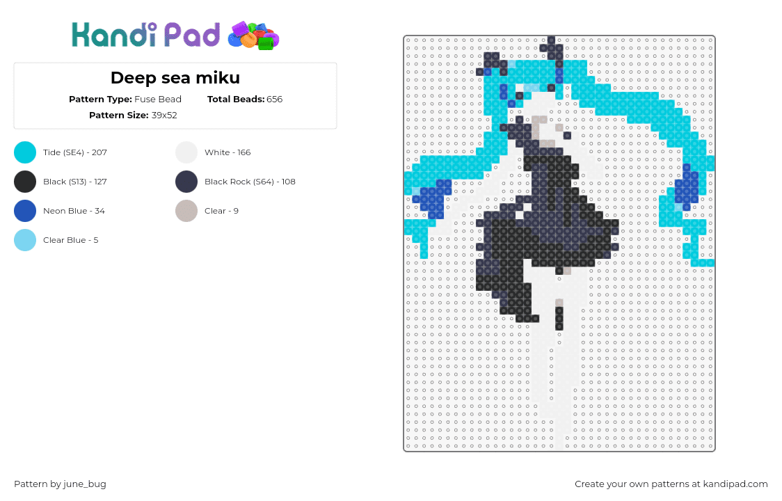 Deep sea miku - Fuse Bead Pattern by june_bug on Kandi Pad - hatsune miku,vocaloid,music,character,digital,light blue,black,white