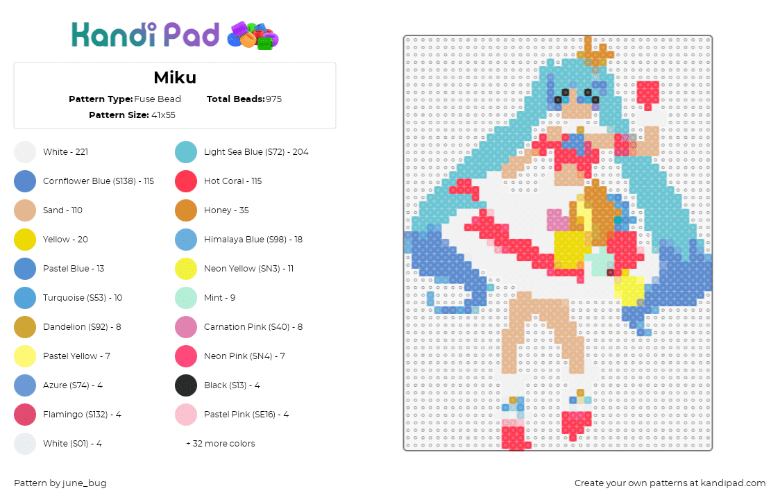 Miku - Fuse Bead Pattern by june_bug on Kandi Pad - hatsune miku,vocaloid,character,music,light blue,tan,white,pink