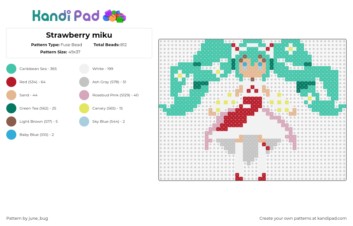 Strawberry miku - Fuse Bead Pattern by june_bug on Kandi Pad - hatsune miku,vocaloid,character,music,dress,teal,white,red