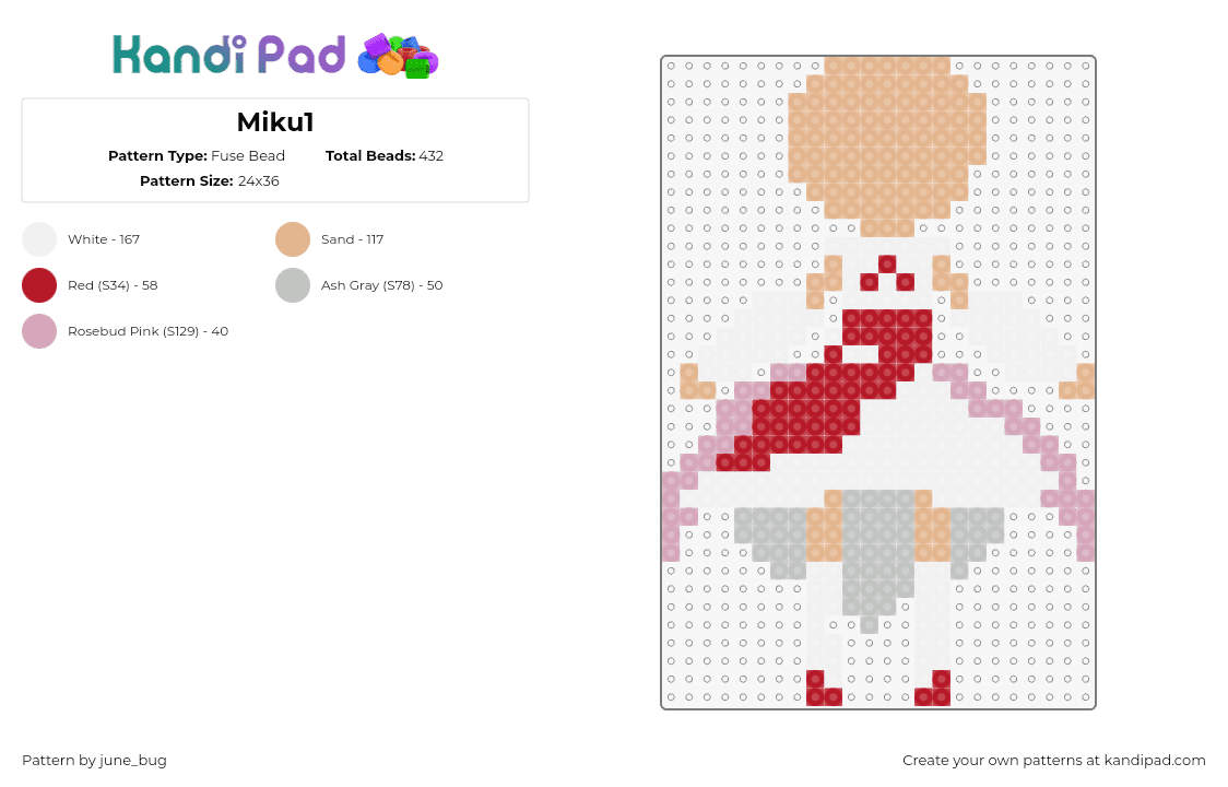 Miku1 - Fuse Bead Pattern by june_bug on Kandi Pad - hatsune miku,vocaloid,character,template,music,dress,tan,white,red