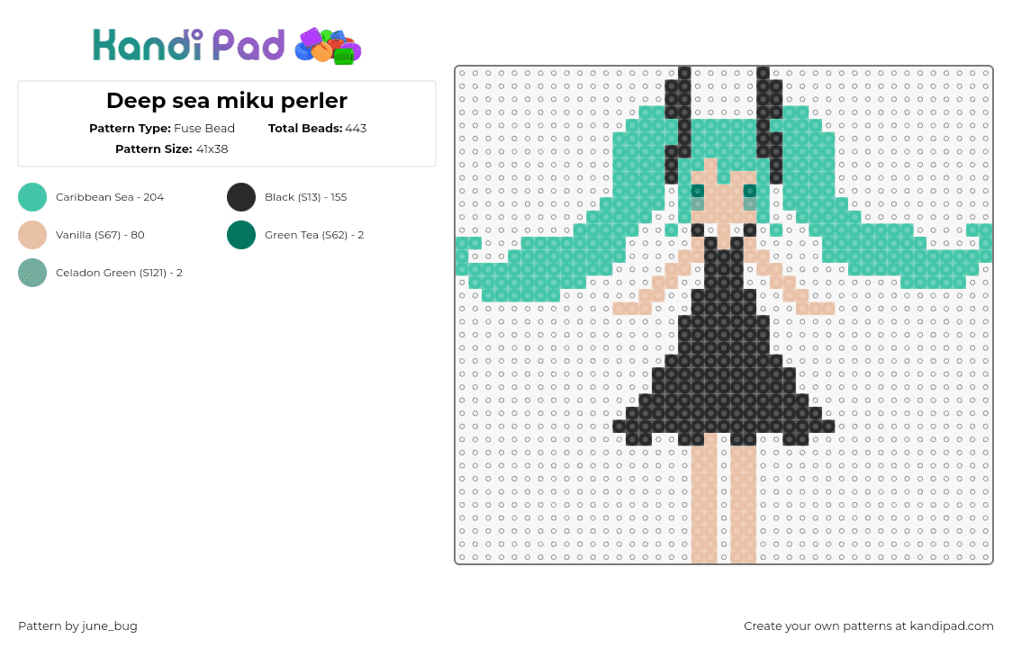 Deep sea miku perler - Fuse Bead Pattern by june_bug on Kandi Pad - hatsune miku,vocaloid,music,character,dress,black,teal