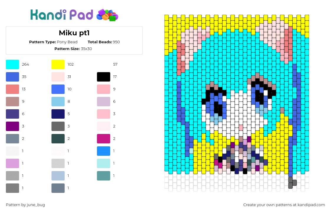 Miku pt1 - Pony Bead Pattern by june_bug on Kandi Pad - hatsune miku,vocaloid,panel,music,light blue,yellow