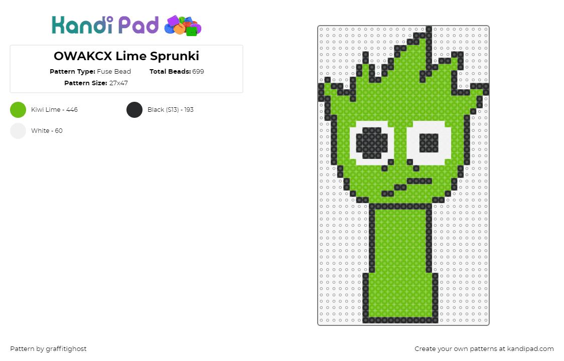 OWAKCX Lime Sprunki - Fuse Bead Pattern by graffitighost on Kandi Pad - owakcx,lime,sprunki,incredibox,character,video game,green