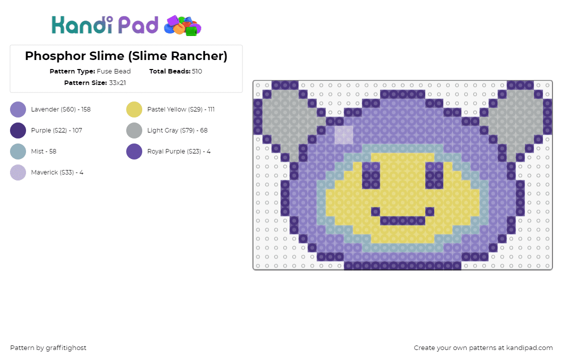 Phosphor Slime (Slime Rancher) - Fuse Bead Pattern by graffitighost on Kandi Pad - phosphor slime,slime rancher,character,cute,video game,smile,face,purple,yellow