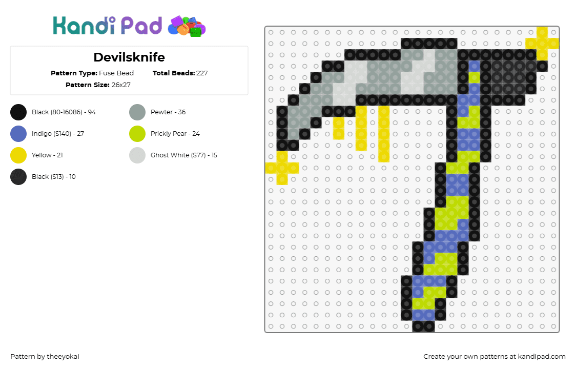 Devilsknife - Fuse Bead Pattern by theeyokai on Kandi Pad - devilsknife,jevil,weapon,deltarune,video game,scythe,stripes,gray,blue,green