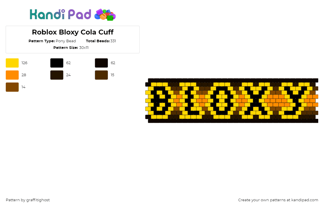 Roblox Bloxy Cola Cuff - Pony Bead Pattern by theeyokai on Kandi Pad - bloxy cola,roblox,text,drink,soda,pop,cuff,video game,brown,orange,yellow