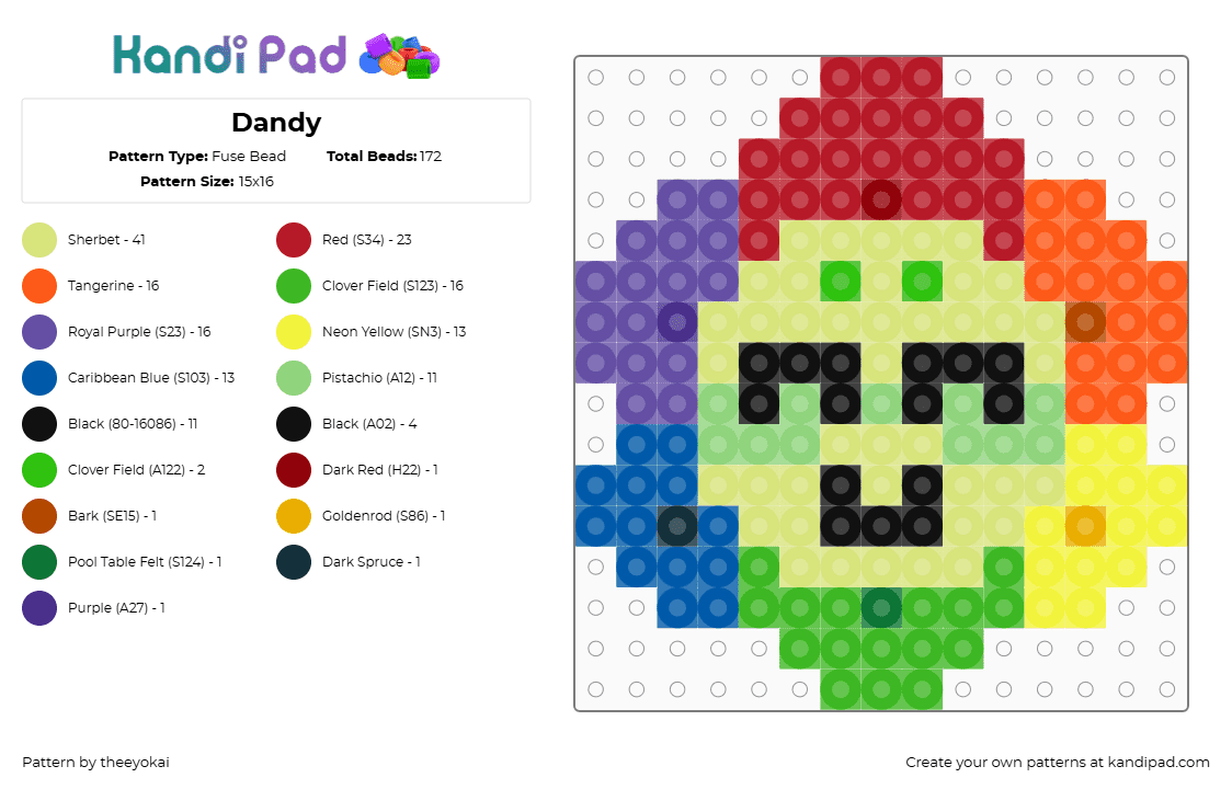 Dandy - Fuse Bead Pattern by theeyokai on Kandi Pad - yellow,green,red,dandy,dandys world,roblox