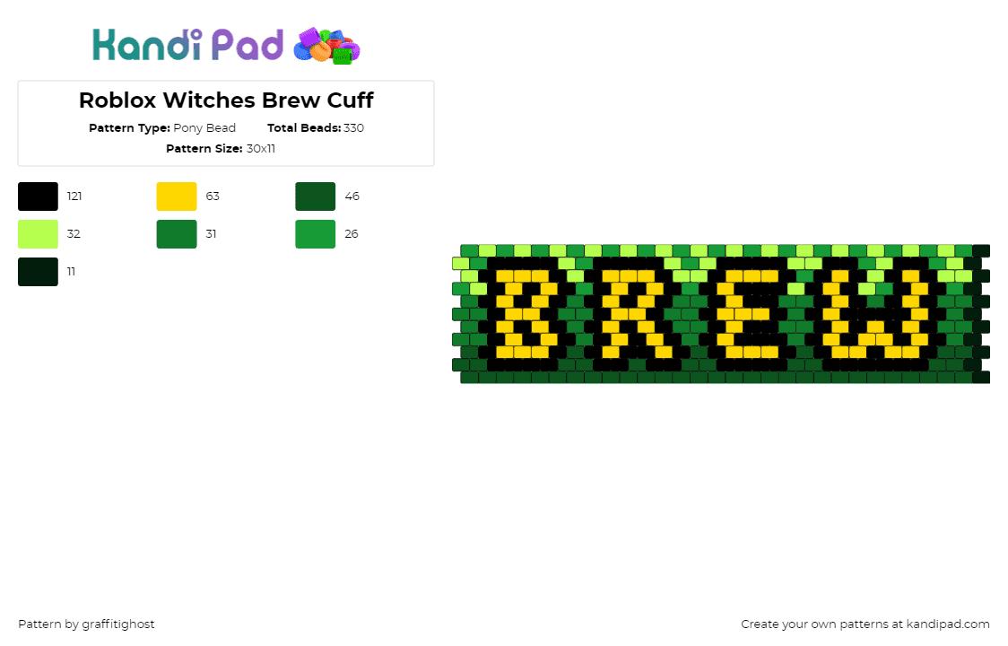 Roblox Witches Brew Cuff - Pony Bead Pattern by theeyokai on Kandi Pad - witches brew,roblox,text,drink,soda,pop,cuff,video game,green,yellow