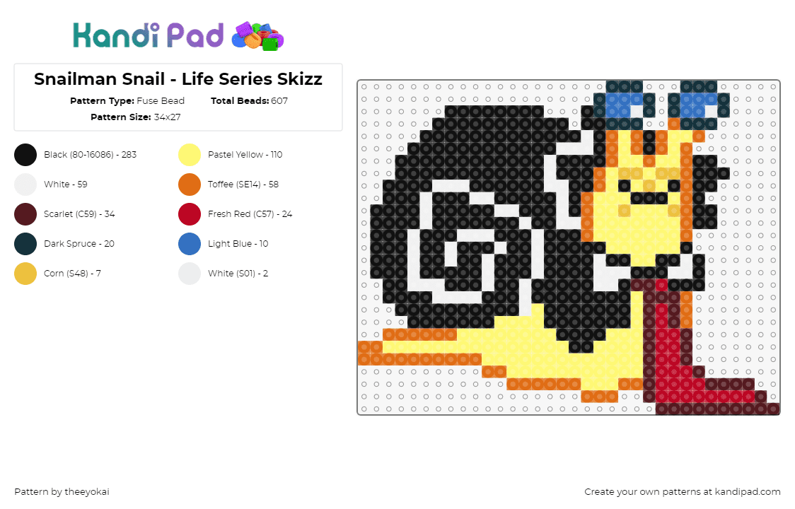 Snailman Snail - Life Series Skizz - Fuse Bead Pattern by theeyokai on Kandi Pad - skizzleman,snail,life series,character,animal,slug,shell,spiral,tie,yellow,black