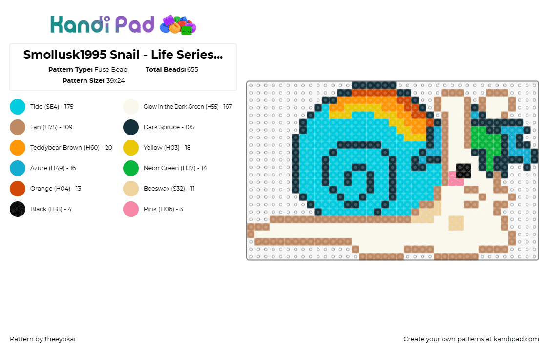 Smollusk1995 Snail - Life Series Scott - Fuse Bead Pattern by theeyokai on Kandi Pad - smajor1995,snail,life series,character,animal,slug,shell,spiral,light blue,beige