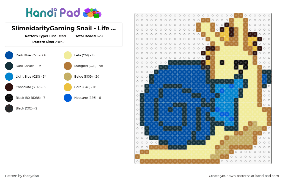 SlimeidarityGaming Snail - Life Series Jimmy - Fuse Bead Pattern by theeyokai on Kandi Pad - solidarity,snail,life series,character,animal,slug,shell,spiral,yellow,blue