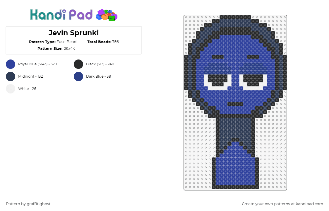 Jevin Sprunki - Fuse Bead Pattern by graffitighost on Kandi Pad - jevin,sprunki,incredibox,character,video game,blue