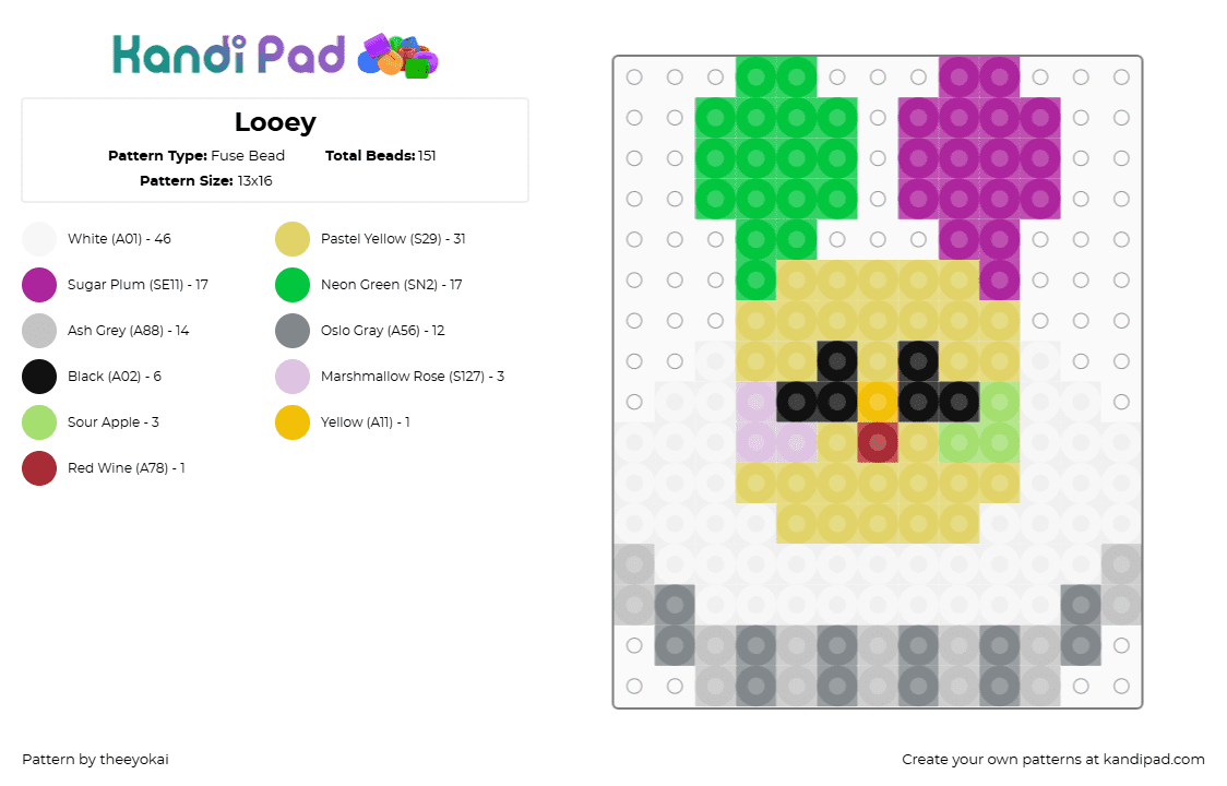 Looey - Fuse Bead Pattern by theeyokai on Kandi Pad - yellow,pink,green,looey,dandys world,roblox