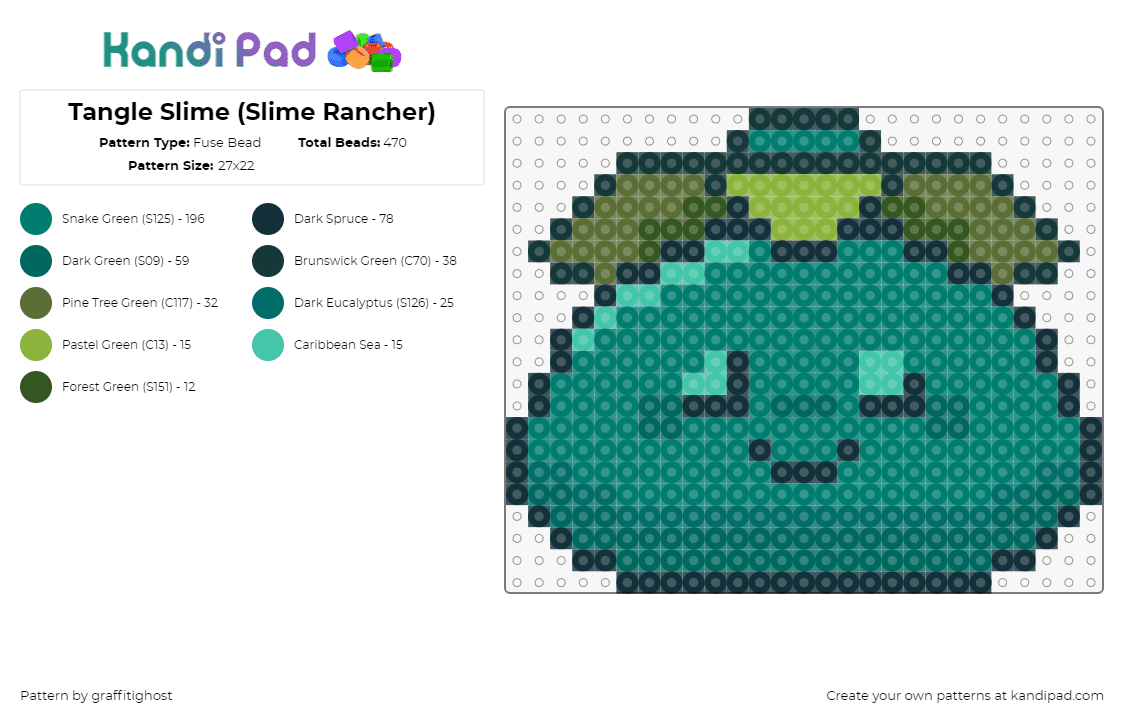 Tangle Slime (Slime Rancher) - Fuse Bead Pattern by graffitighost on Kandi Pad - tangle slime,slime rancher,smile,video game,green,teal