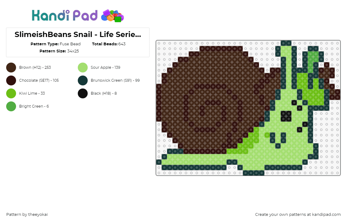 SlimeishBeans Snail - Life Series Joel - Fuse Bead Pattern by theeyokai on Kandi Pad - smallishbeans,snail,life series,character,animal,slug,shell,brown,green