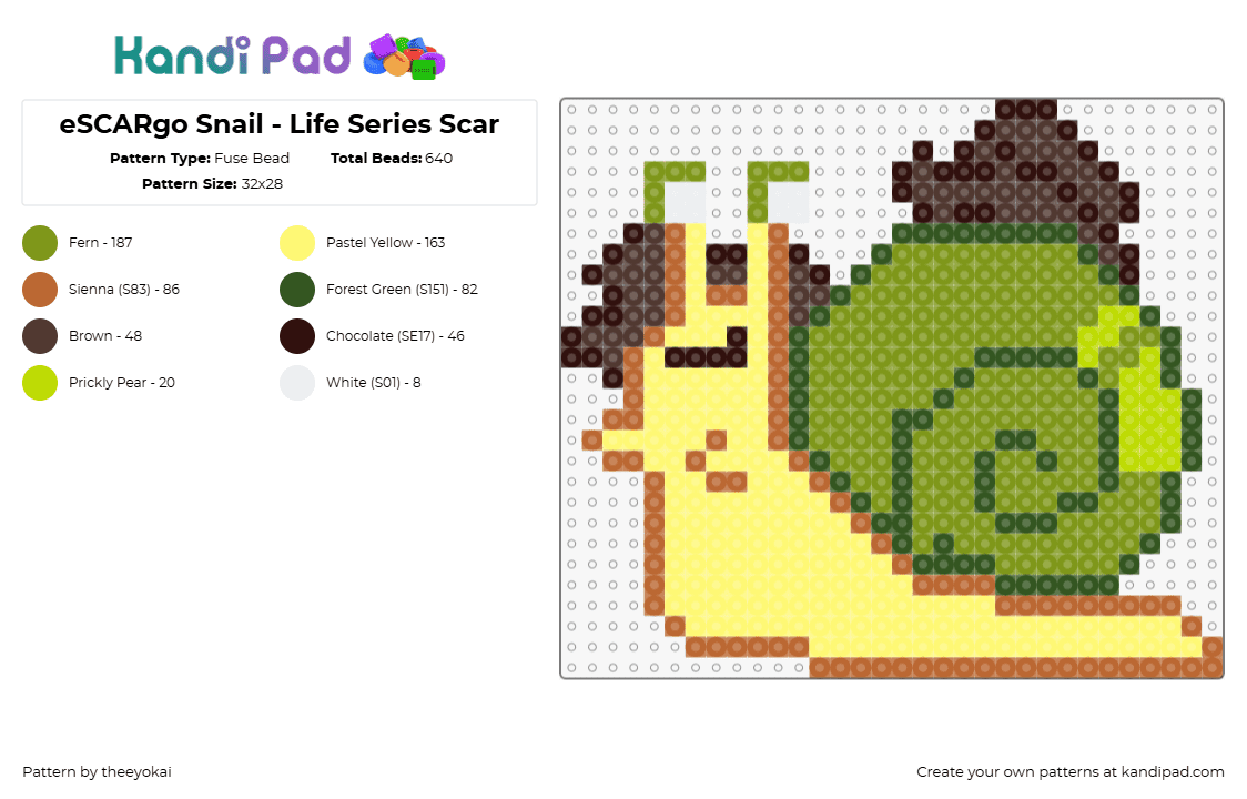 eSCARgo Snail - Life Series Scar - Fuse Bead Pattern by theeyokai on Kandi Pad - goodtimeswithscar,snail,life series,character,animal,slug,shell,spiral,yellow,green