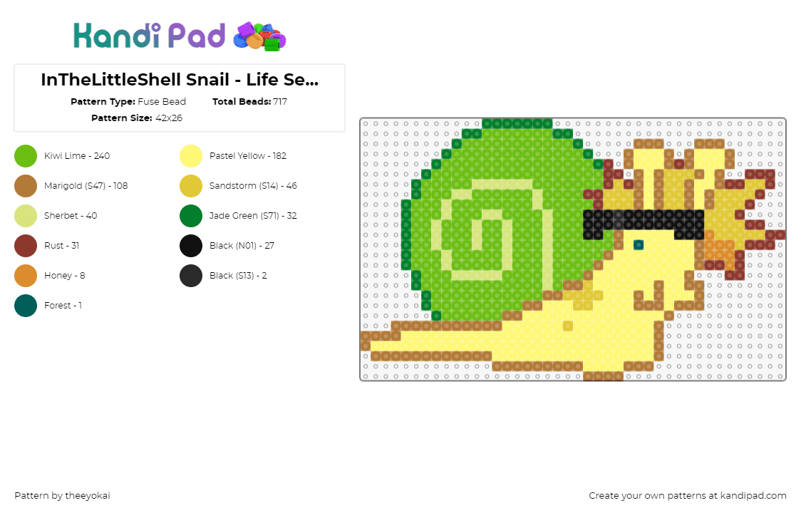 InTheLittleShell Snail - Life Series Martyn - Fuse Bead Pattern by theeyokai on Kandi Pad - inthelittlewood,snail,life series,character,martyn,animal,slug,shell,spiral,yellow,green