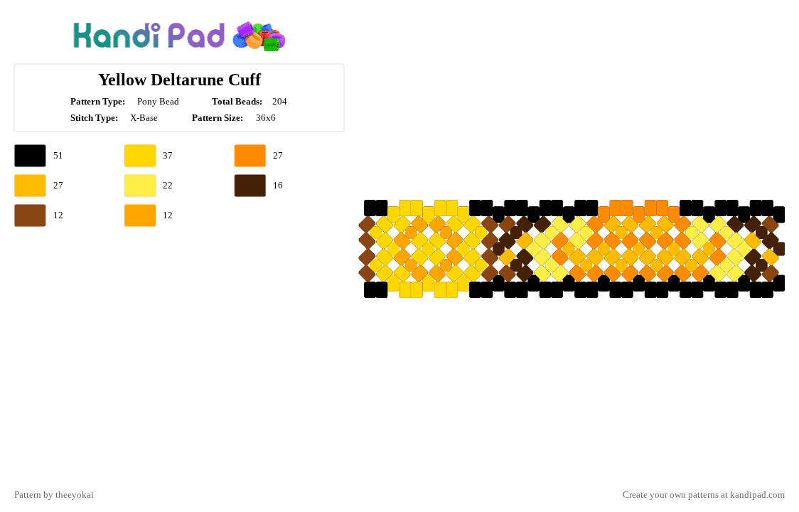 Yellow Deltarune Cuff - Pony Bead Pattern by theeyokai on Kandi Pad - chapter 5, cowboy, deltarune, flower, justice, orange, yellow