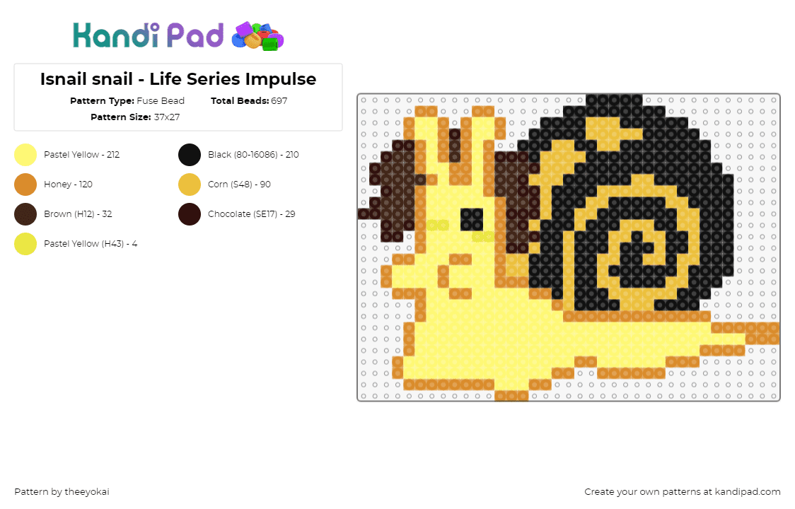 Isnail snail - Life Series Impulse - Fuse Bead Pattern by theeyokai on Kandi Pad - impulsesv,snail,life series,character,animal,slug,shell,spiral,yellow,black