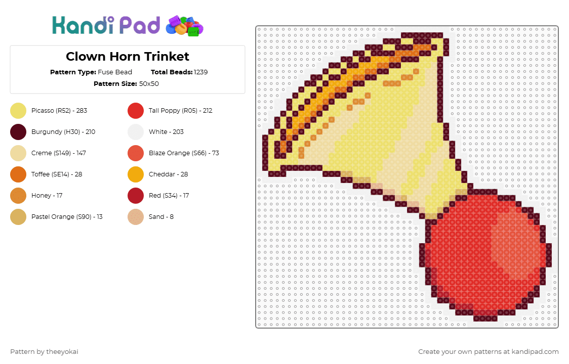 Clown Horn Trinket - Fuse Bead Pattern by theeyokai on Kandi Pad - brown,yellow,red,clown horn,looey,trinket,dandys world,roblox