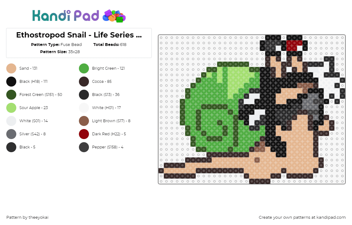 Ethostropod Snail - Life Series Etho - Fuse Bead Pattern by theeyokai on Kandi Pad - ethoslab,snail,life series,etho,character,animal,slug,shell,spiral,green,tan