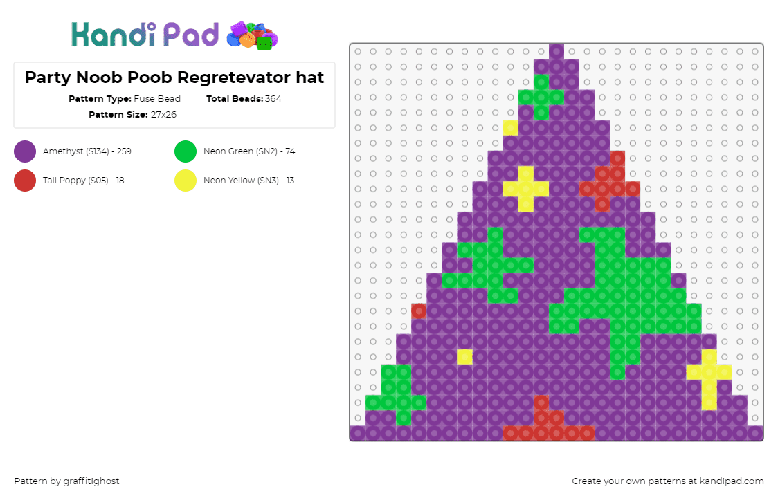 Party Noob Poob Regretevator hat - Fuse Bead Pattern by graffitighost on Kandi Pad - poob,hat,regretevator,roblox,party noob,character,npc,video game,colorful,green,purple