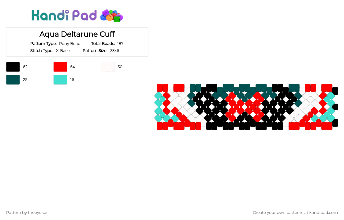 Aqua Deltarune Cuff - Pony Bead Pattern by theeyokai on Kandi Pad - aqua, chapter 5, deltarune, flower, patience, red