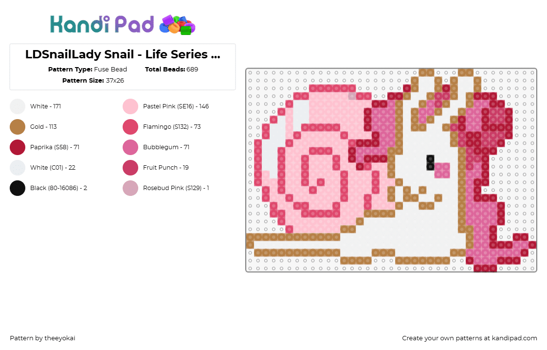 LDSnailLady Snail - Life Series Lizzie - Fuse Bead Pattern by theeyokai on Kandi Pad - ldshadowlady,snail,life series,character,animal,slug,shell,spiral,pink,white