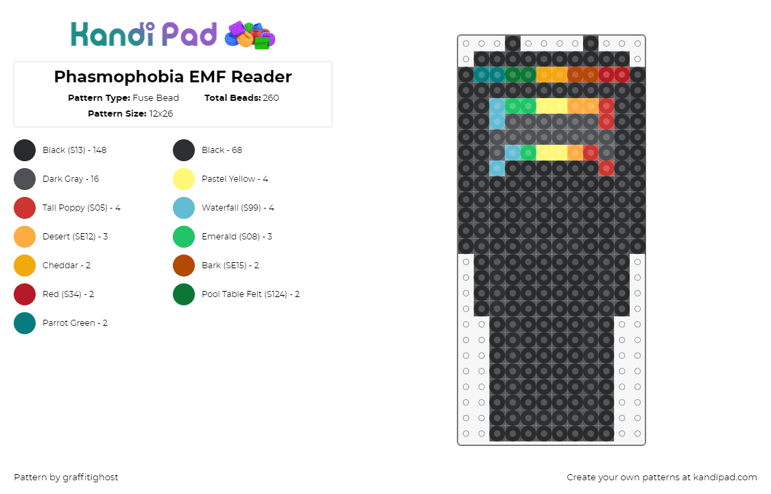 Phasmophobia EMF Reader - Fuse Bead Pattern by theeyokai on Kandi Pad - emf reader,phasmophobia,horror,video game,spooky,scary,black