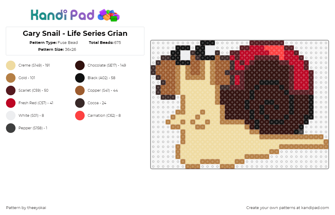 Gary Snail - Life Series Grian - Fuse Bead Pattern by theeyokai on Kandi Pad - grian,snail,life series,character,animal,slug,shell,tan,red