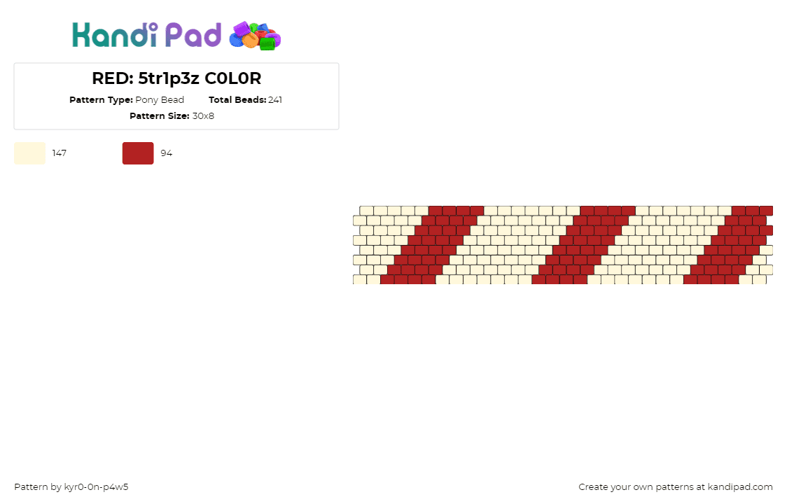 RED: 5tr1p3z C0L0R - Pony Bead Pattern by kyr0-0n-p4w5 on Kandi Pad - diagonal,stripes,candy cane,cuff,festive,beige,red