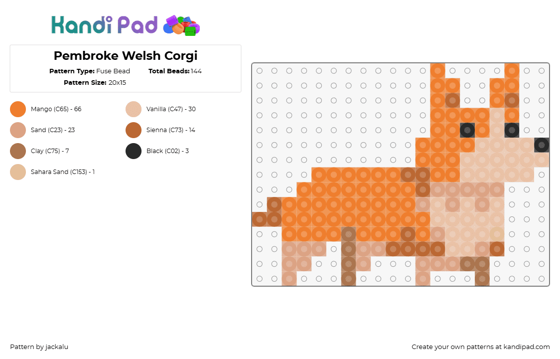 Pembroke Welsh Corgi v1 - Fuse Bead Pattern by jackalu on Kandi Pad - corgi,dog,animal,cute,orange,tan