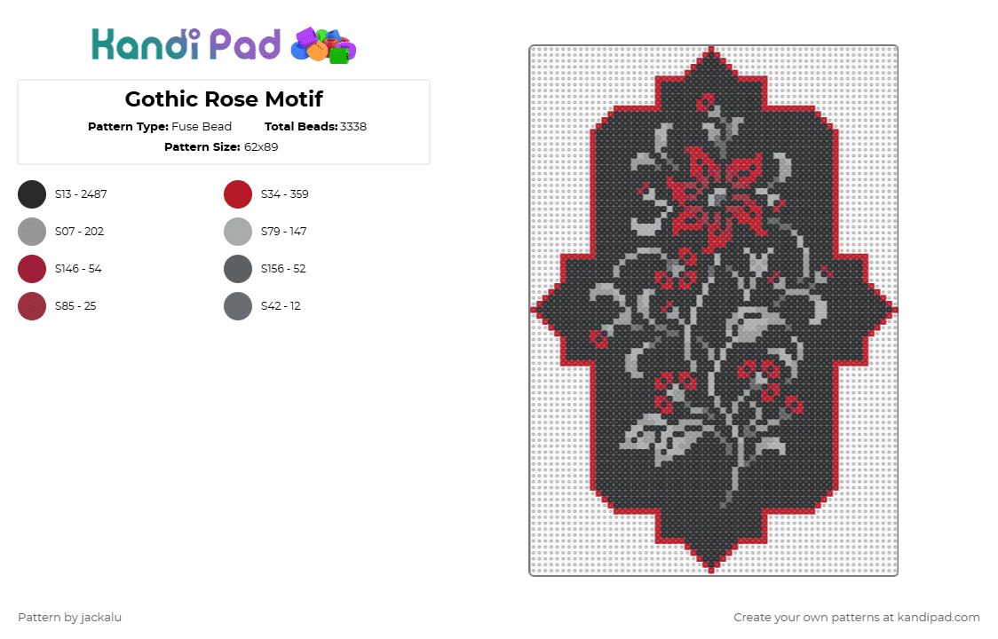 Gothic Rose Motif - Fuse Bead Pattern by jackalu on Kandi Pad - gothic,rose,tapestry,nature,black,red,gray,goth,motif,flowers