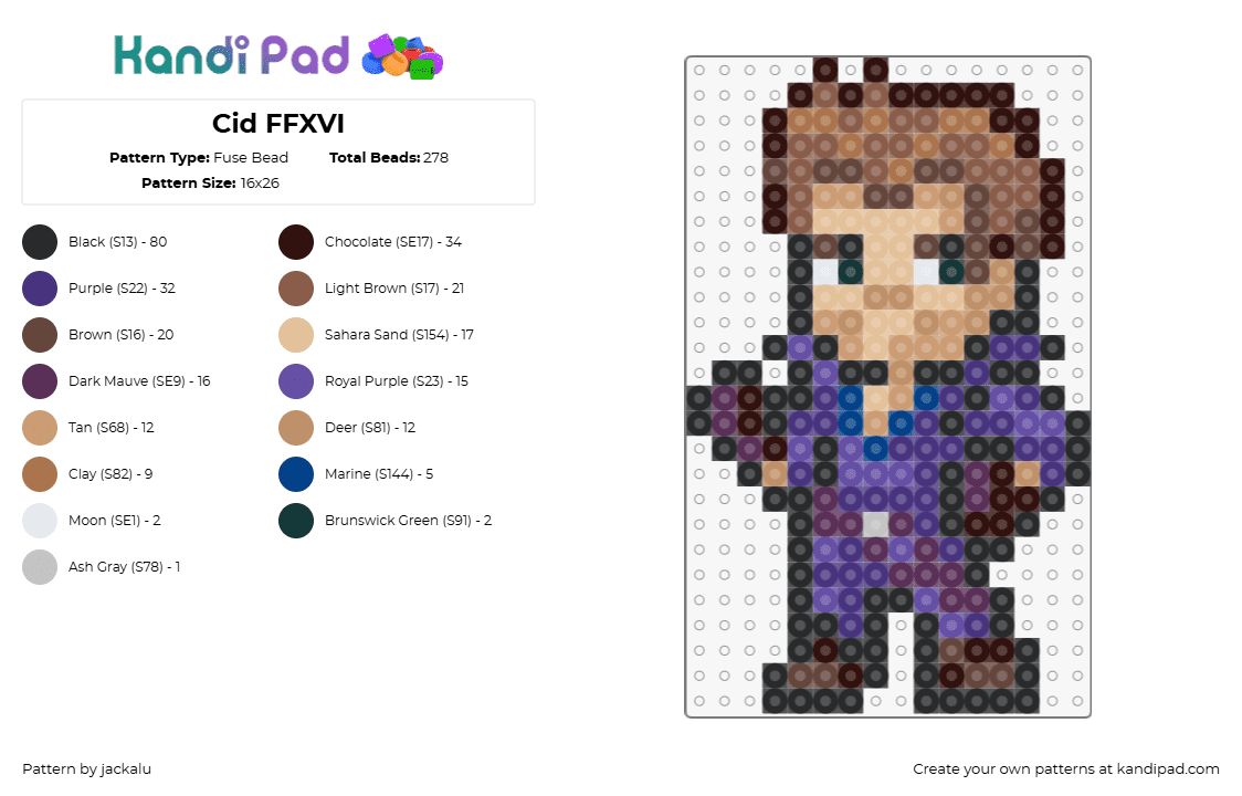 Cid FFXVI - Fuse Bead Pattern by jackalu on Kandi Pad - cid,final fantasy,character,chibi,video game,tan,purple